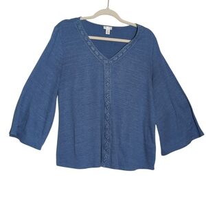 Spense Large Blue V-Neck 3/4 Bell Sleeve Crochet Trim Boho Cottage Casual Retro